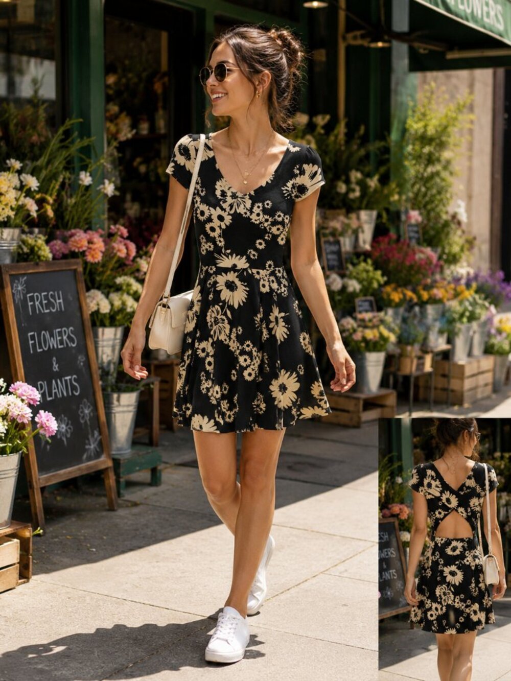 Love Fire - Juniors Black Cream Floral Cutout Fit & Flare Dress - Sz M - EUC